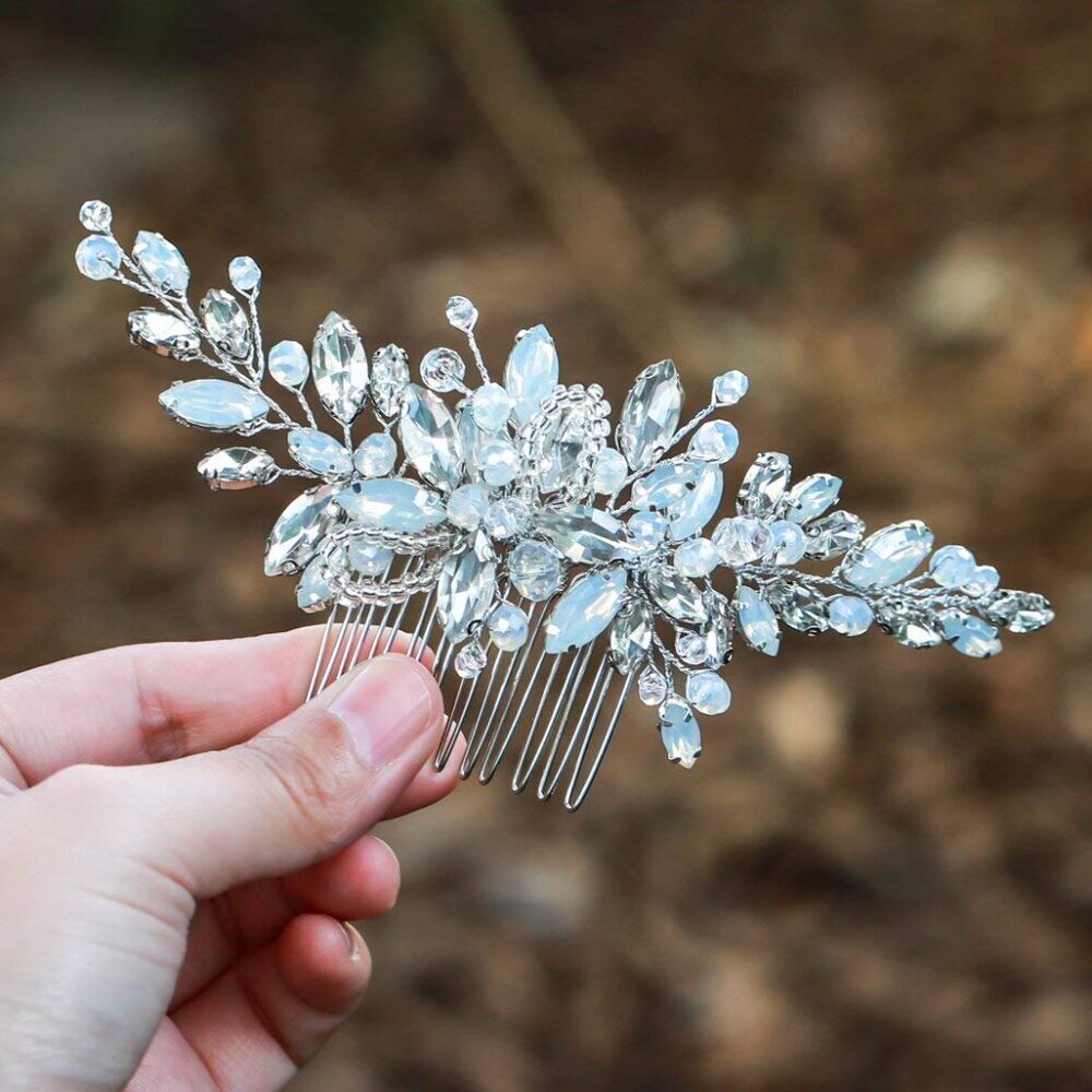 Wedding Hair Comb Silver Rhinestones Opal Crystal Bridal Hair Clips Accessories